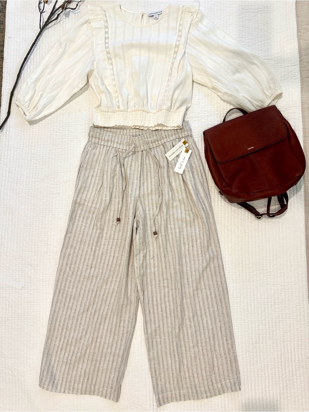NWT Linen-Blend Wide Leg Stripe Pants in Beige and Cream Size Small - Picture 10 of 10